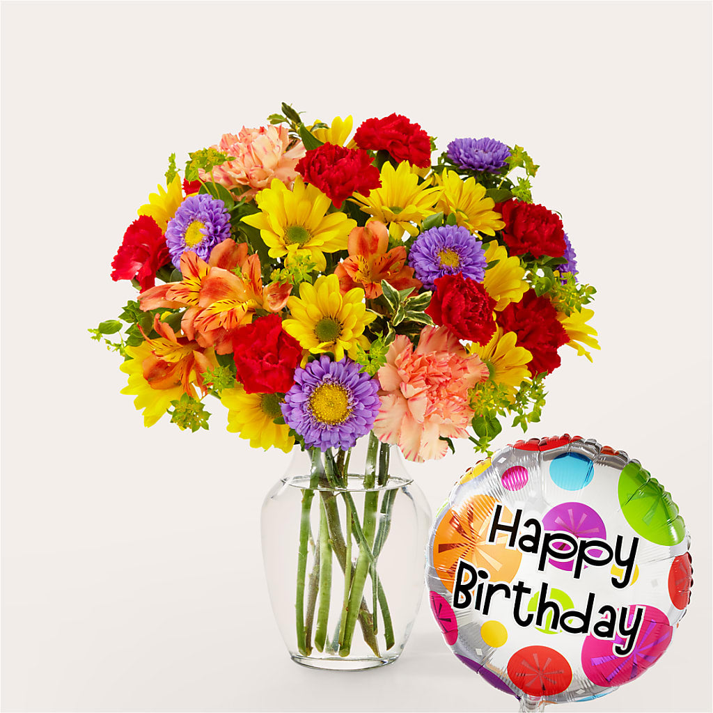 Kaleidoscope Bouquet with Birthday Balloon – MAYA'S FLOWER SHOP, Carmichael CA