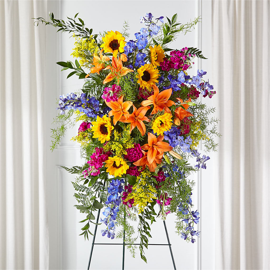 Sunlit Memories Standing Spray (Standard) – MAYA'S FLOWER SHOP, Carmichael CA
