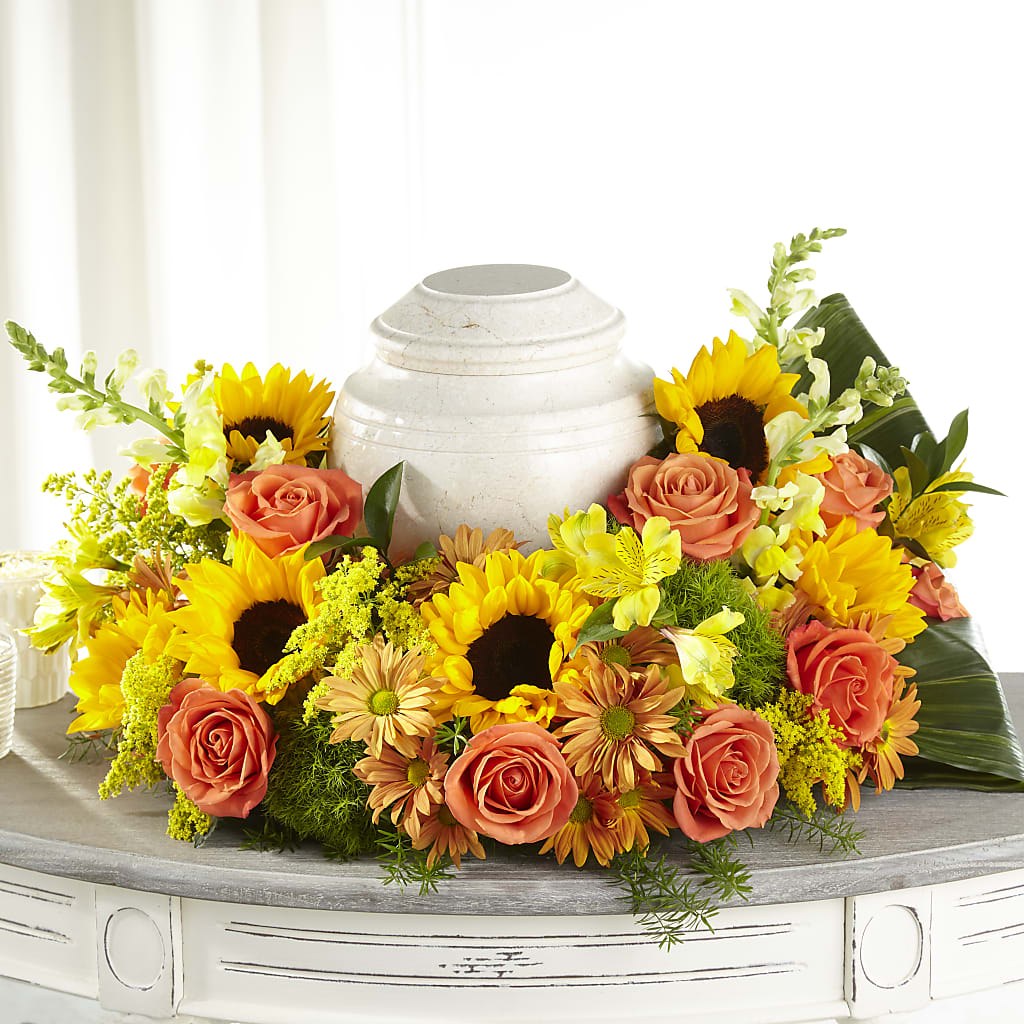 Faithful Sunflower Cremation Adornment – MAYA'S FLOWER SHOP, Carmichael CA