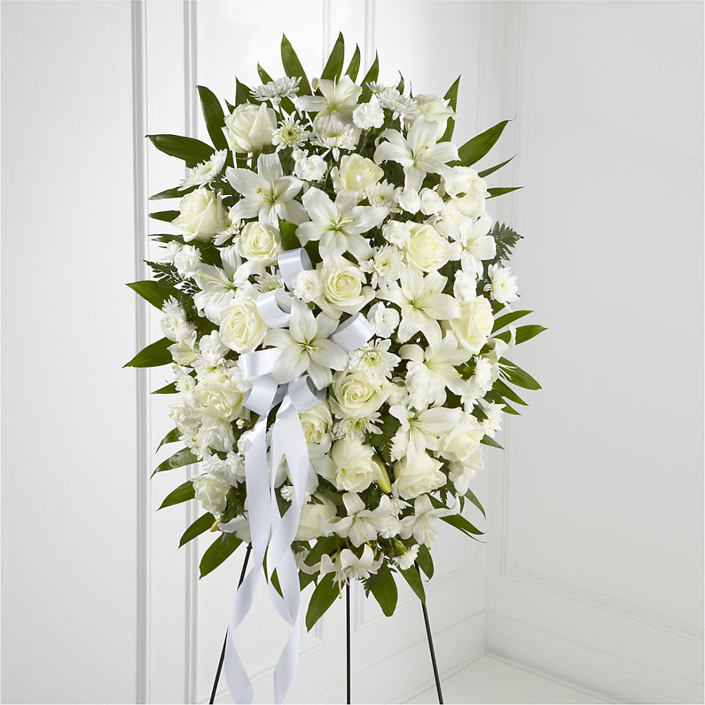 Exquisite Tribute Standing Spray-White Ribbon – MAYA'S FLOWER SHOP, Carmichael CA