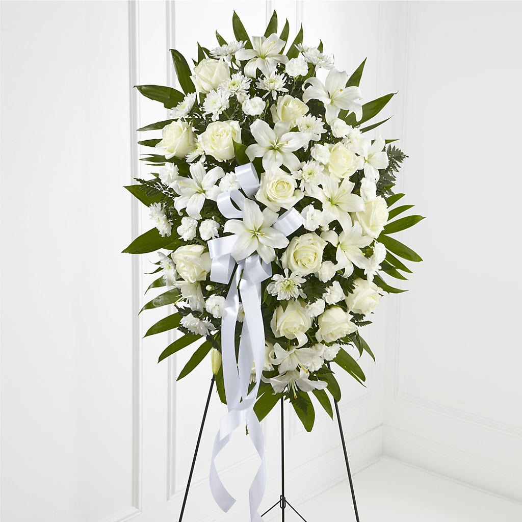Exquisite Tribute Standing Spray-White Ribbon – MAYA'S FLOWER SHOP, Carmichael CA