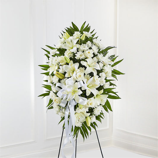 Exquisite Tribute Standing Spray-White Ribbon – MAYA'S FLOWER SHOP, Carmichael CA