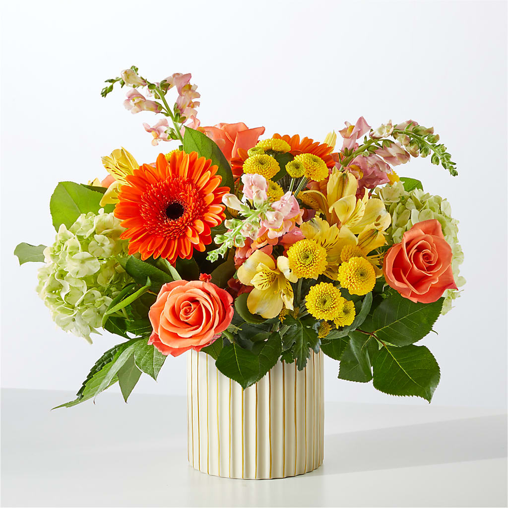 Autumn Sunshine Bouquet with Ivory Vase – MAYA'S FLOWER SHOP, Carmichael CA