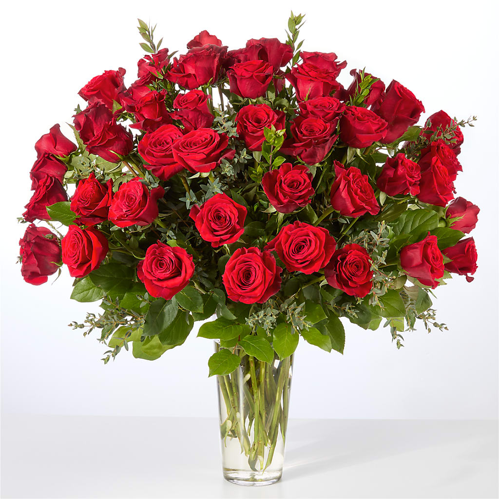 Forever Yours Fifty Stem Red Rose Bouquet – MAYA'S FLOWER SHOP, Carmichael CA
